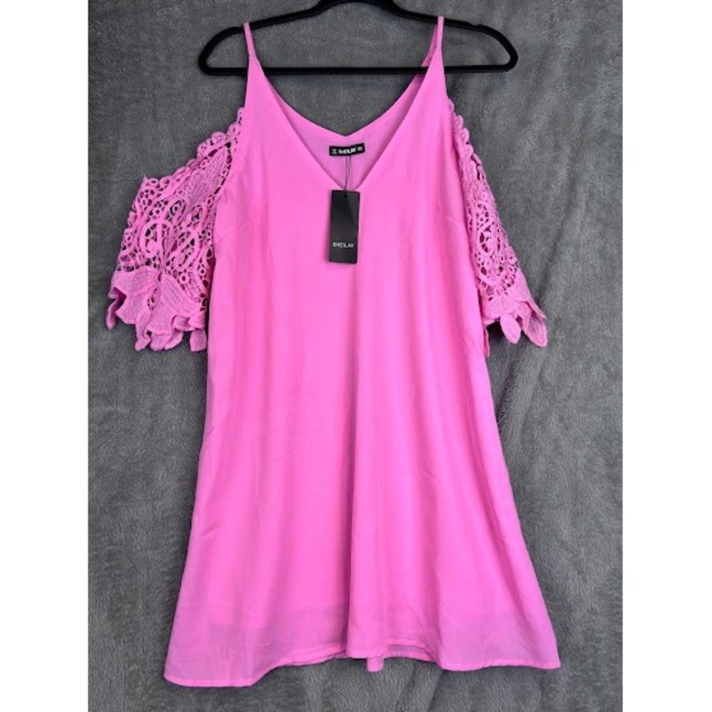 SHEILAY‎ Pink Cold Shoulder Lace Sleeve V Neck Mini Dress - Women's M